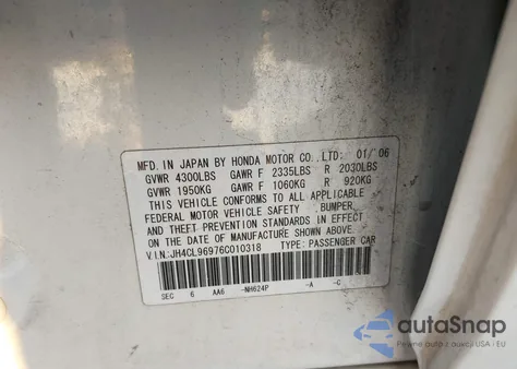 2006 Acura Tsx z USA, uszkodzony, nr VIN JH4CL96976C010318